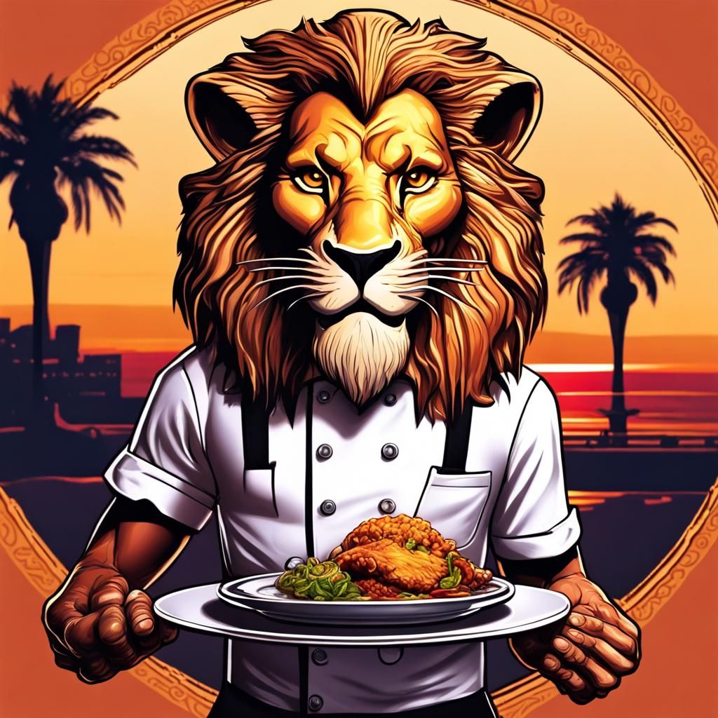 Lion Waiter Logo at Sunset: Hyperrealistic T-Shirt Art