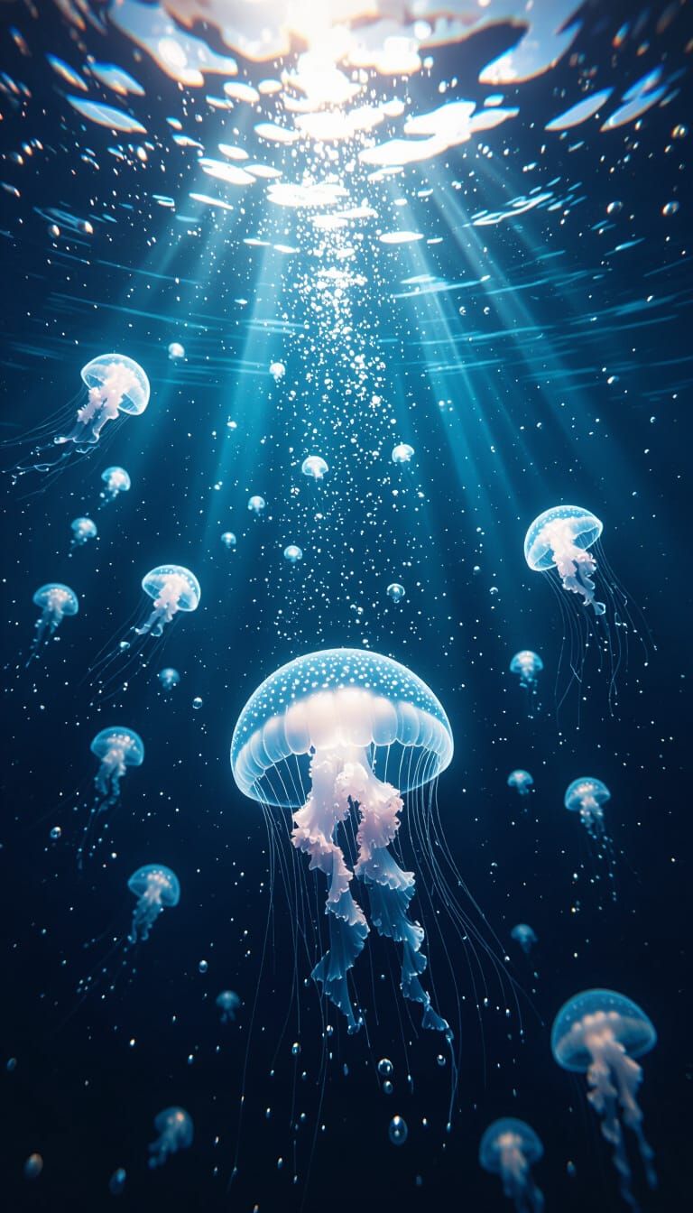 Deep Ocean Bioluminescence: Ethereal Light and Jellyfish