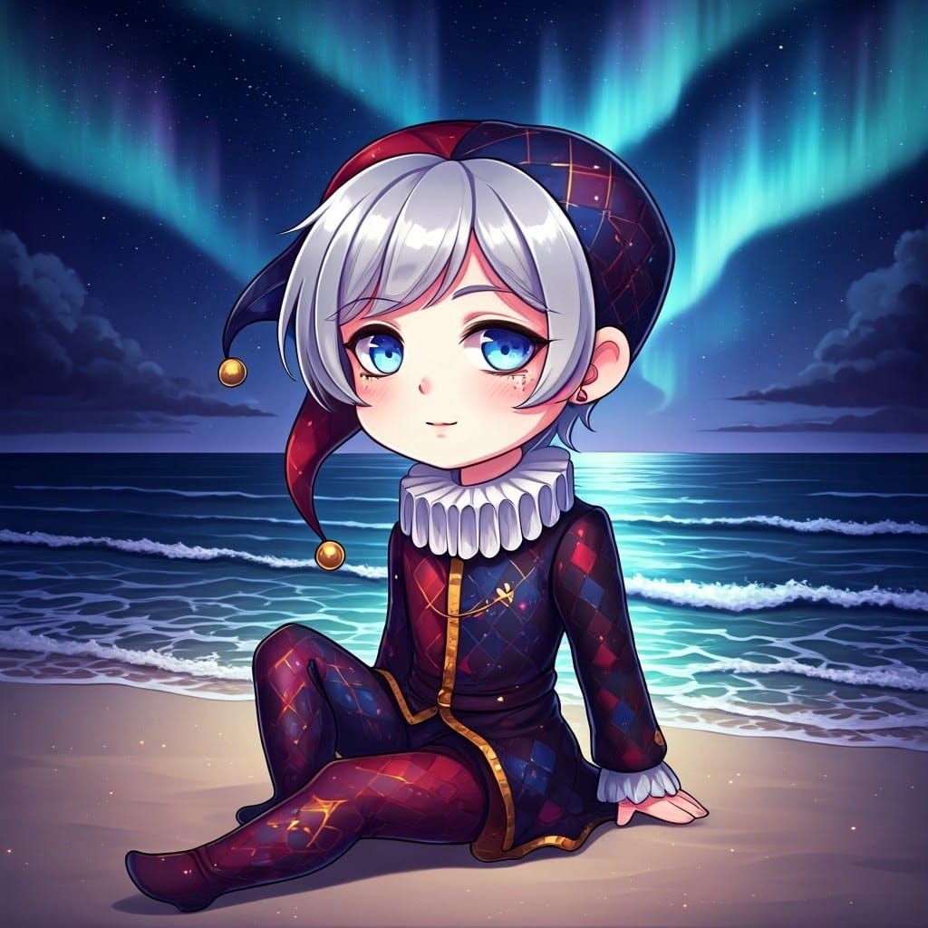 Chibi Harlequin Relaxing on a Nebula Beach