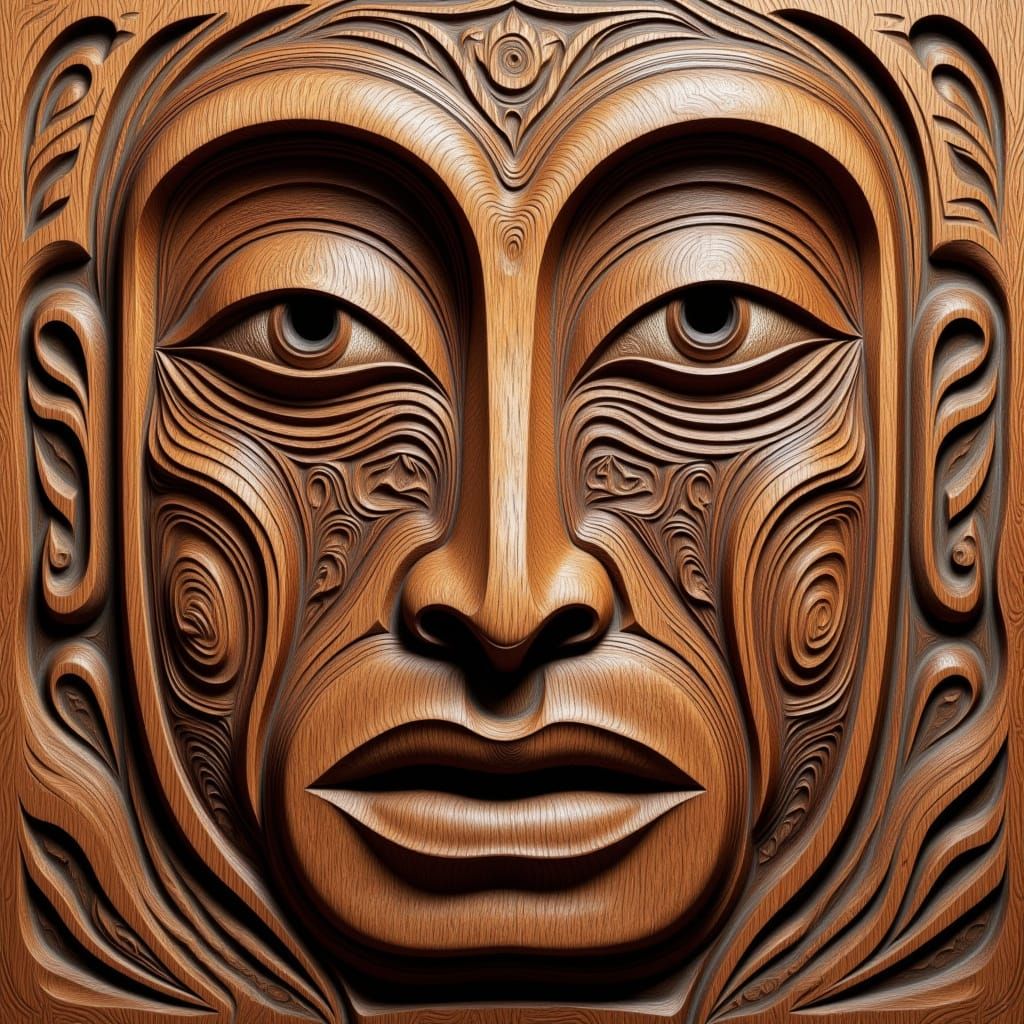 Intricate Maori Mask Wood Carving with Tribal Patterns
