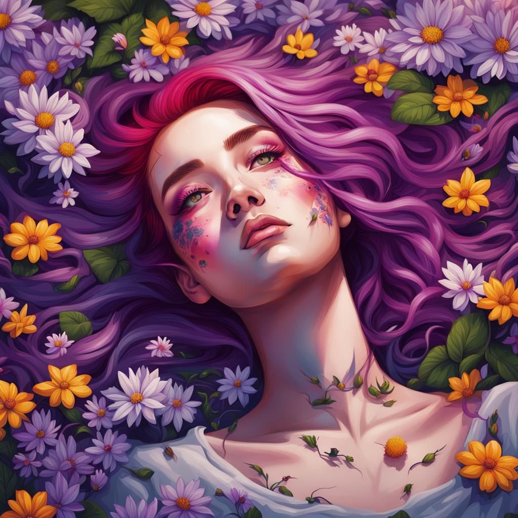 Beautiful Woman with Mismatched Eyes in Flower Field