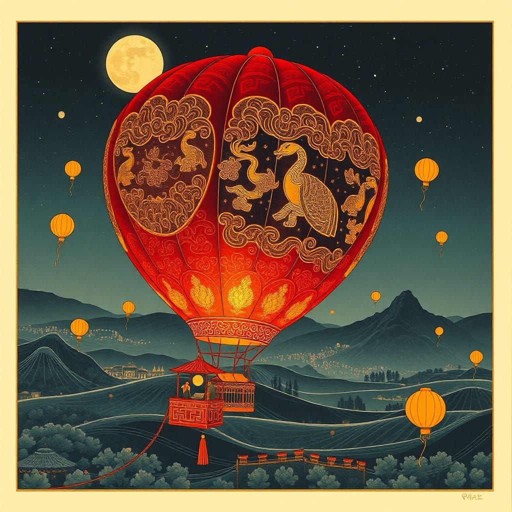 Chinese Style Hot Air Balloon in Night Sky