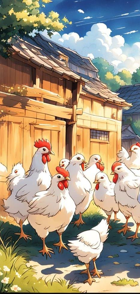 Mother Hen and Chicks in Anime Style