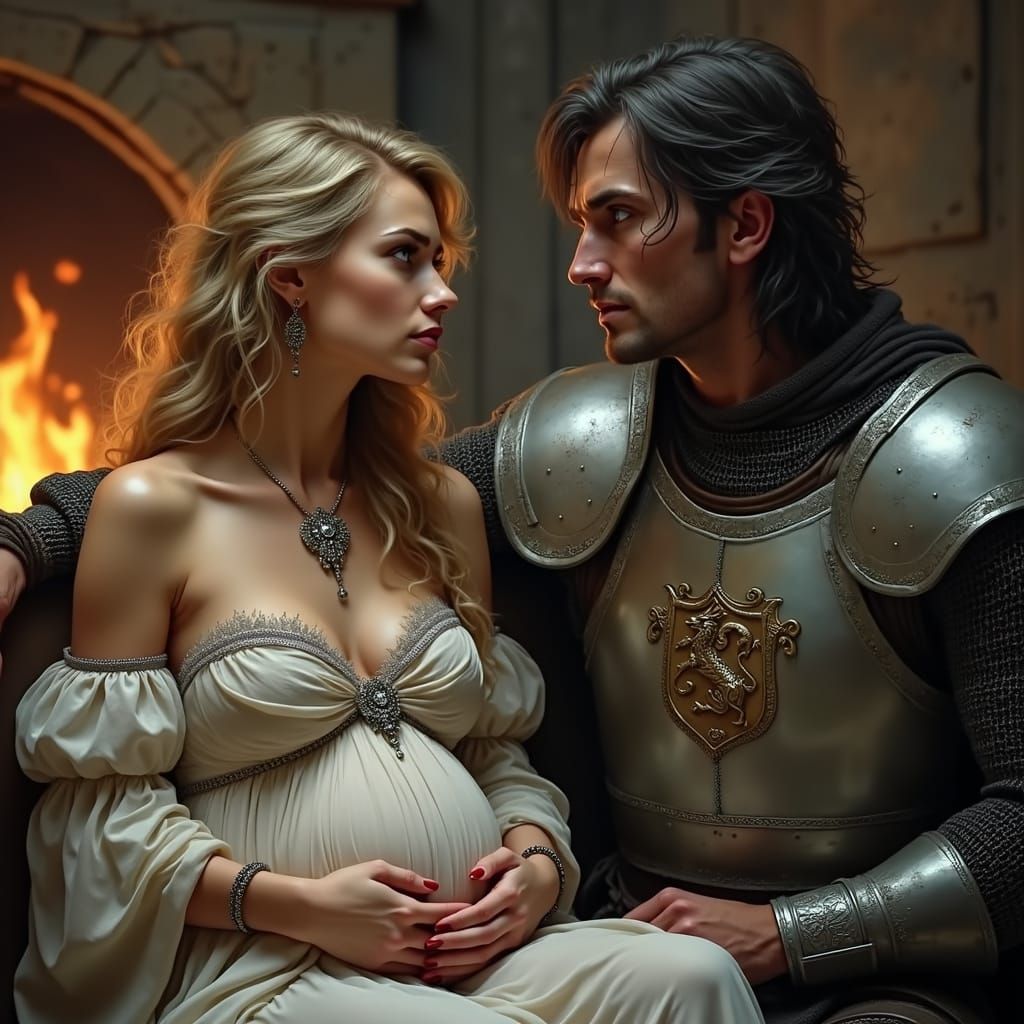 Archer and Pregnant Lady in Castle Hall as Classical Art