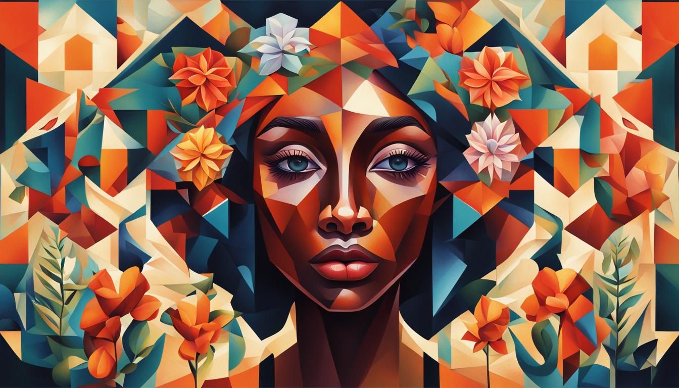 Surreal Geometric Portrait with Exotic Flowers