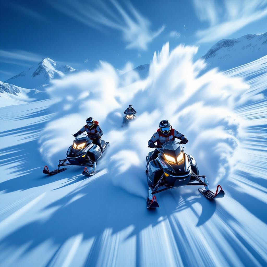 Dynamic Snowmobile Race in High-Contrast Winter Landscape