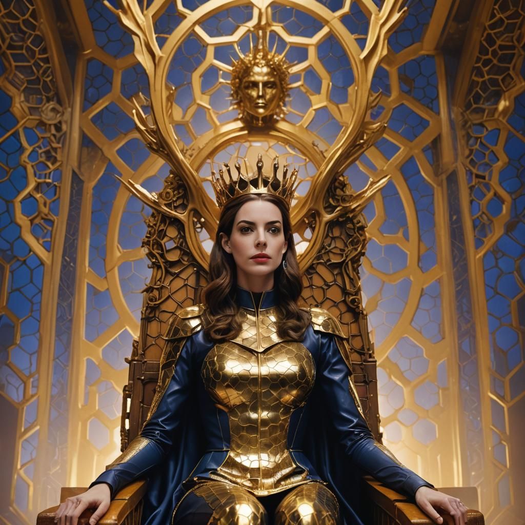 Bionic Woman on Golden Throne in Opulent Digital Art