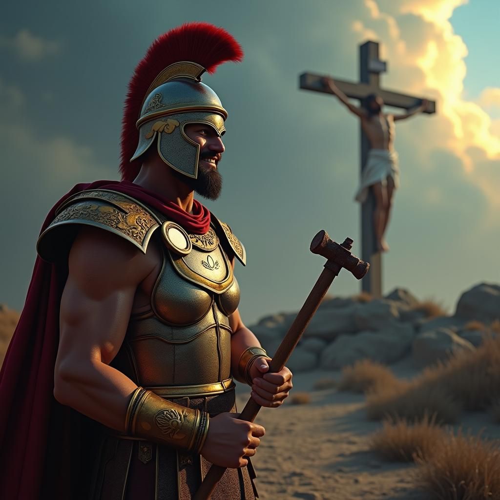 Roman Legionnaire Offering Nail with Crucifixion Backdrop