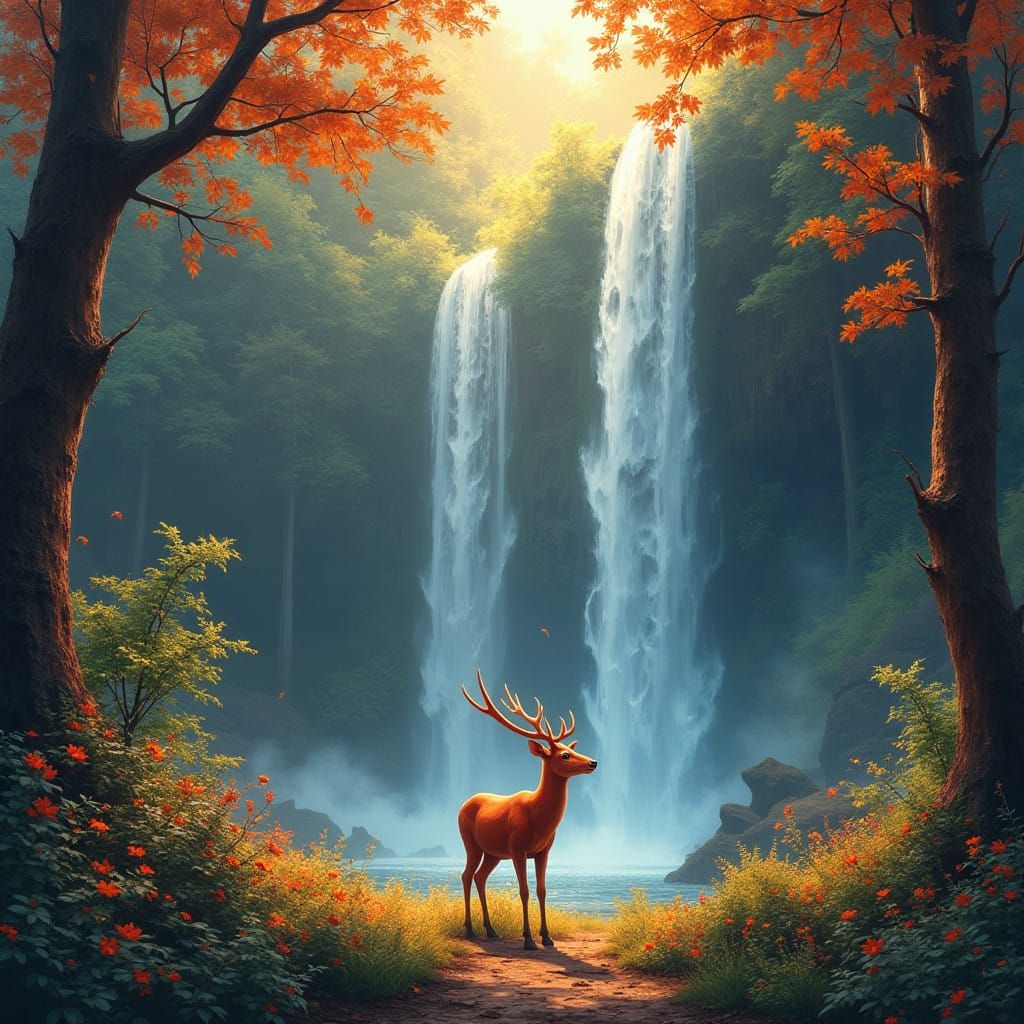 Ethereal Red Deer Amidst Enchanted Forest