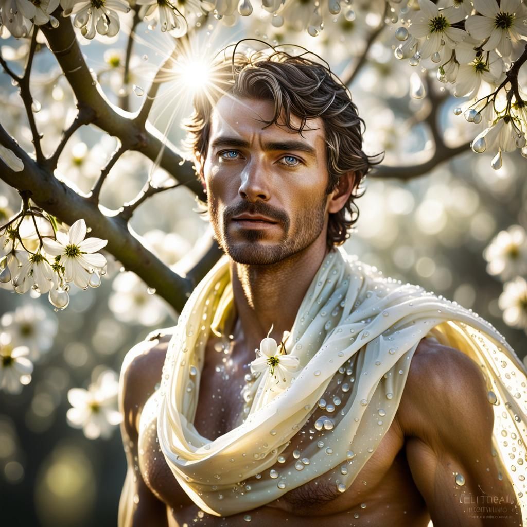 Ethereal Man Climbing Dogwood Tree as Gouache Painting