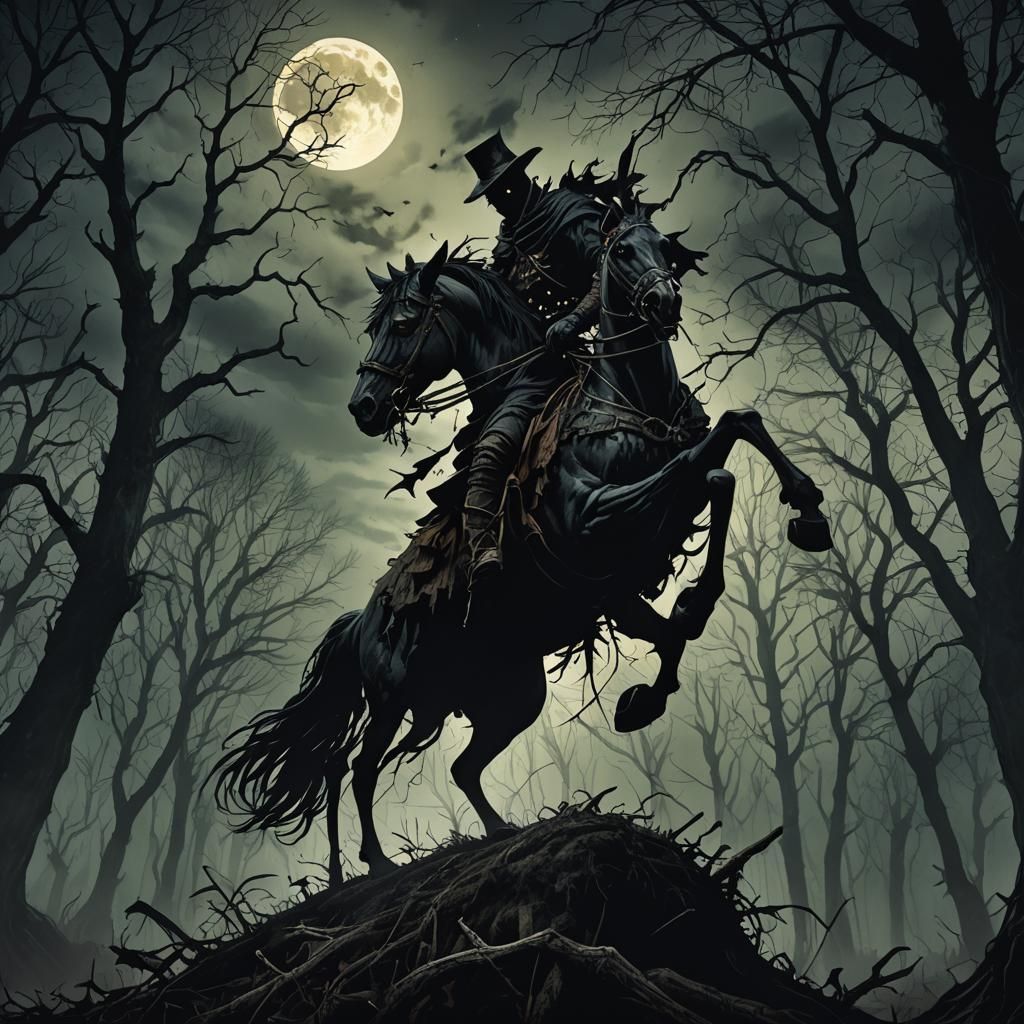 Scarecrow on Horseback in Dark Gothic Forest