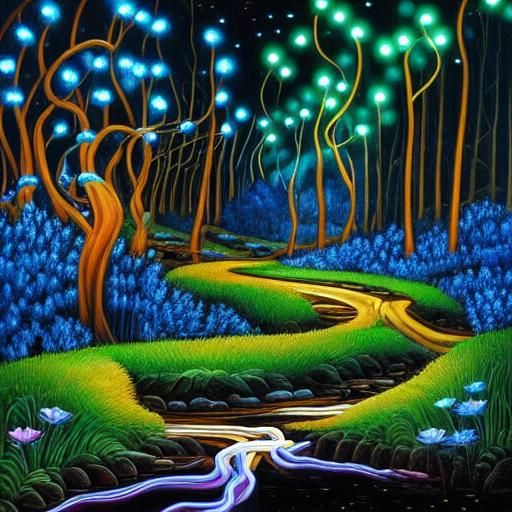Bioluminescent Forest Stream Painting in Fantasy Art Style