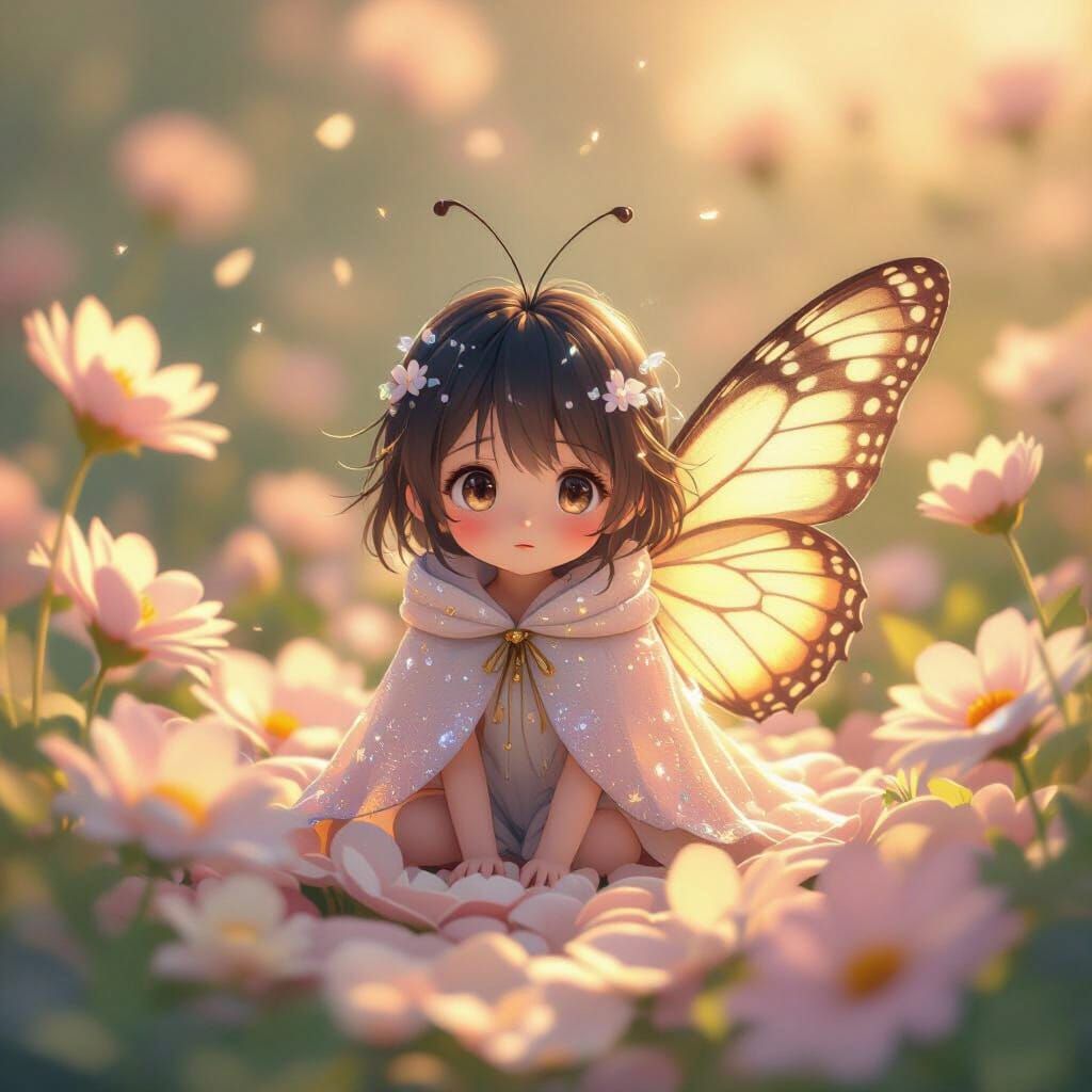 Anime Butterfly Wakes in Pastel Flower Garden