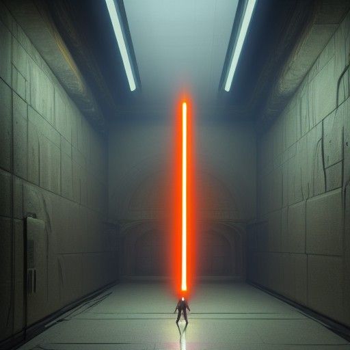 Orange Lightsaber in Dark Hallway: 8K Dark Fantasy
