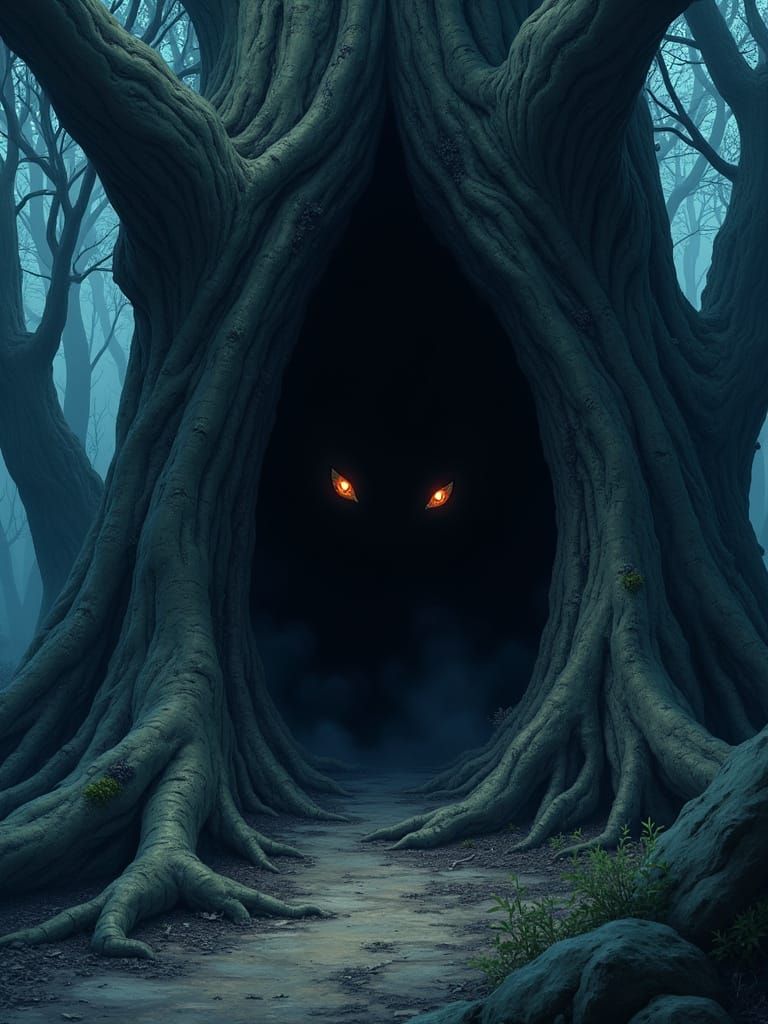 Anime Horror Illustration Of Ancient Tree Hollow
