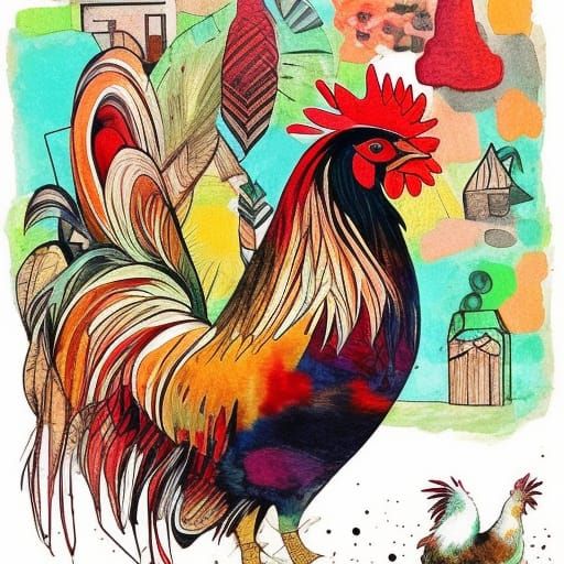 Farm Rooster Collage in Mixed Media Style