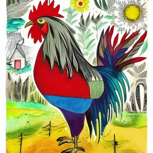 Farm Rooster Collage in Boho Art Style
