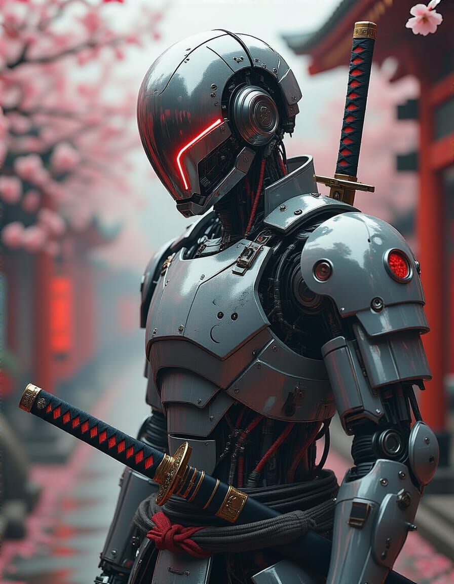 Cyberpunk Samurai Robot Warrior in Neon Armor
