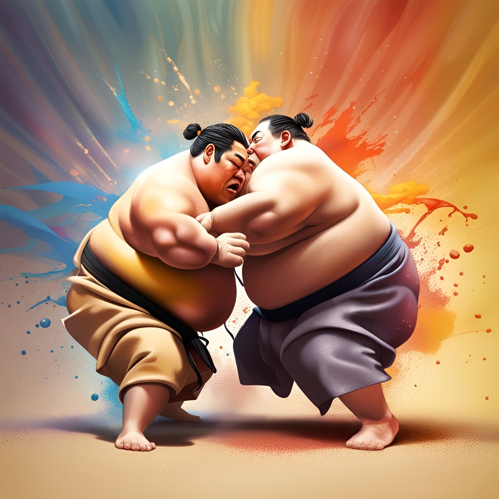 Hyperrealistic Sumo Wrestling Match in Splash Art Style