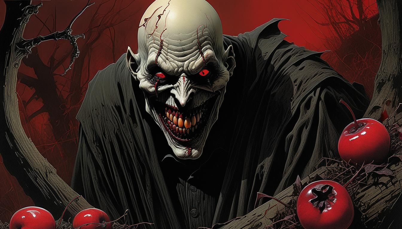 A ghastly demonic gothic art piece by Dave McKean and Bernie Wrightson. In the foreground, a fiend with a cranberry red ...