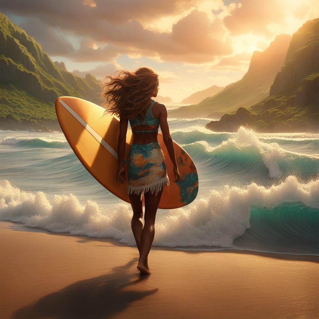 Freckled Surfer Girl at Hawaiian Sunrise