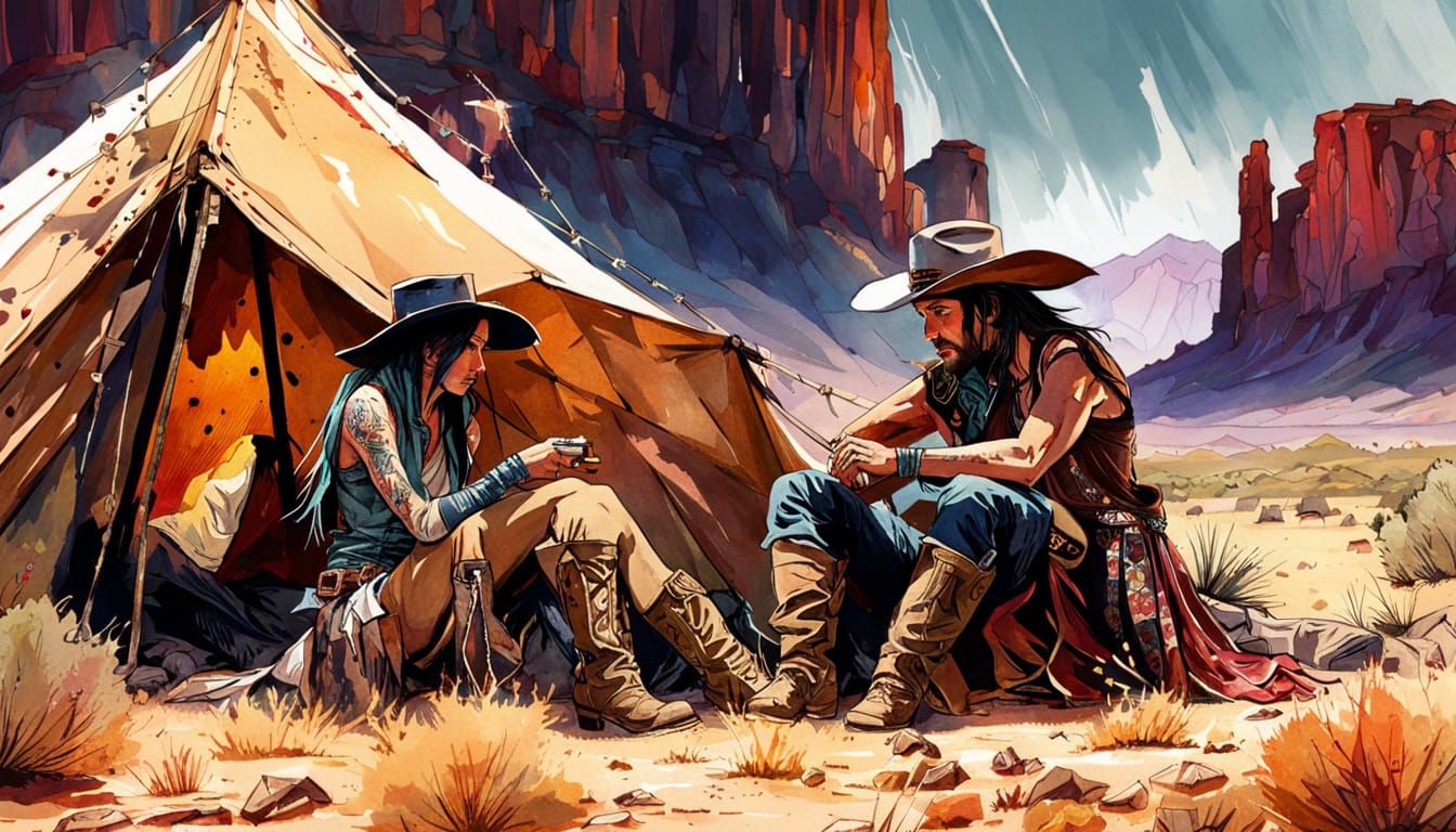 Desert Cowboy and Cowgirl in Watercolor Style