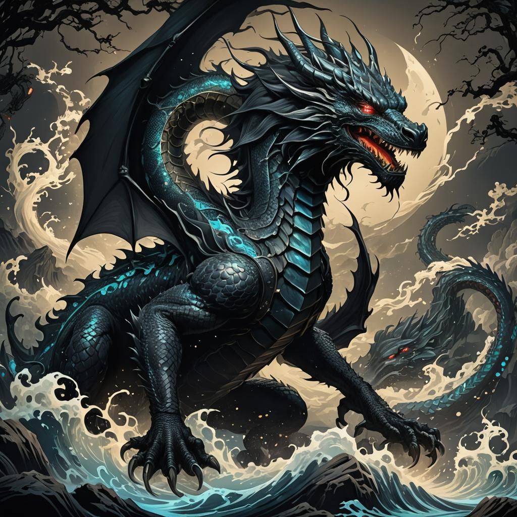 Bioluminescent Dragon in Ukiyo-e Style with Synth Details