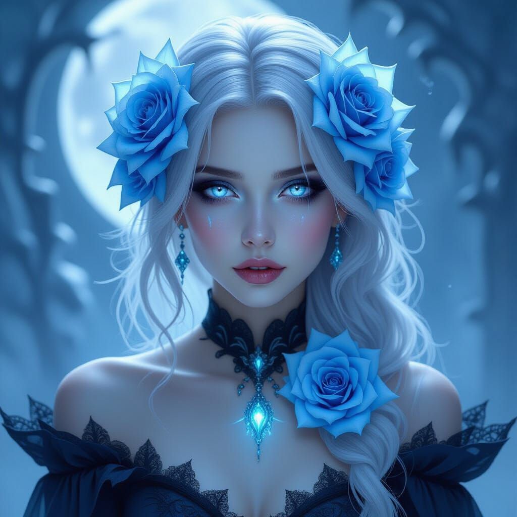 Ethereal Gothic Woman with Icy Rose Fusion