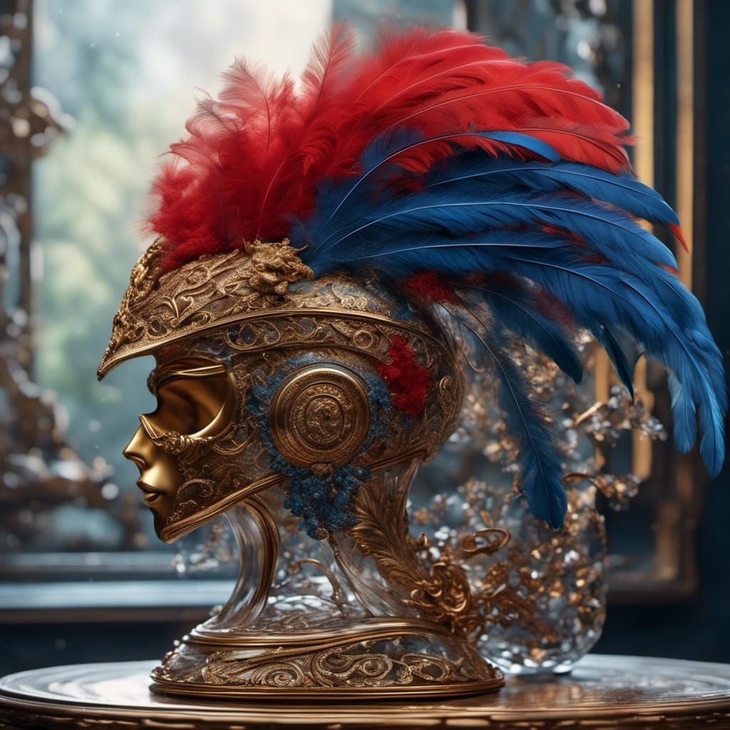 Elaborate Glass and Gold Feathered Helmet in Hyperrealism