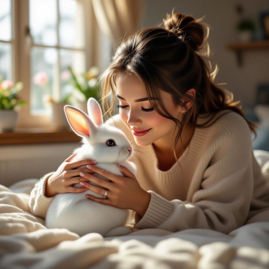 Woman with White Bunny: Realistic 3D Render