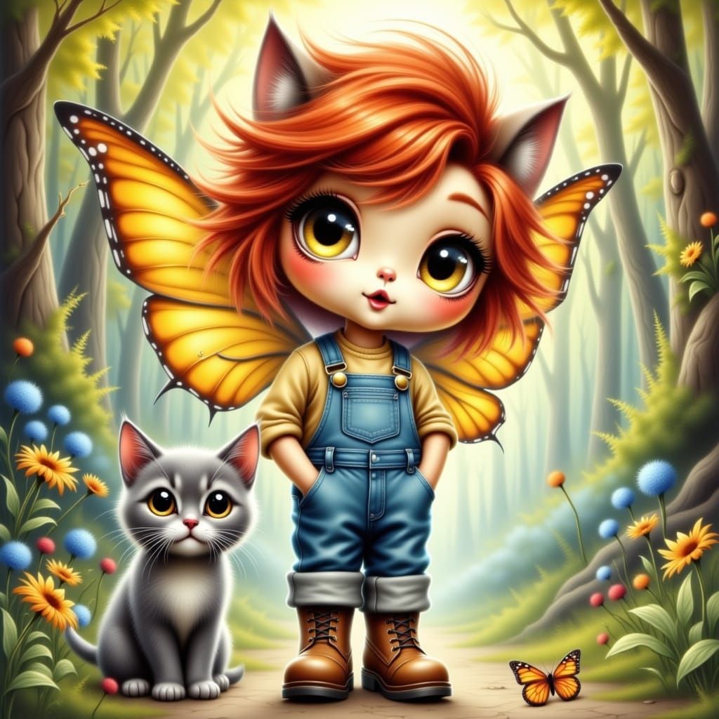 Red-Haired Fairy and Kitten in Grungy Oil