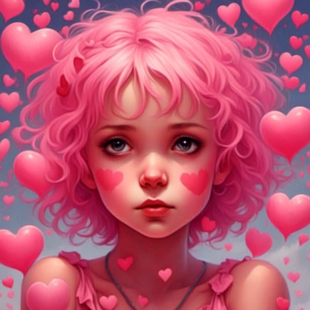 Girl Surrounded by Pink Hearts