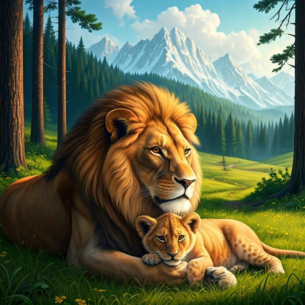 Majestic Lion Family Basks in Serene Green Meadow