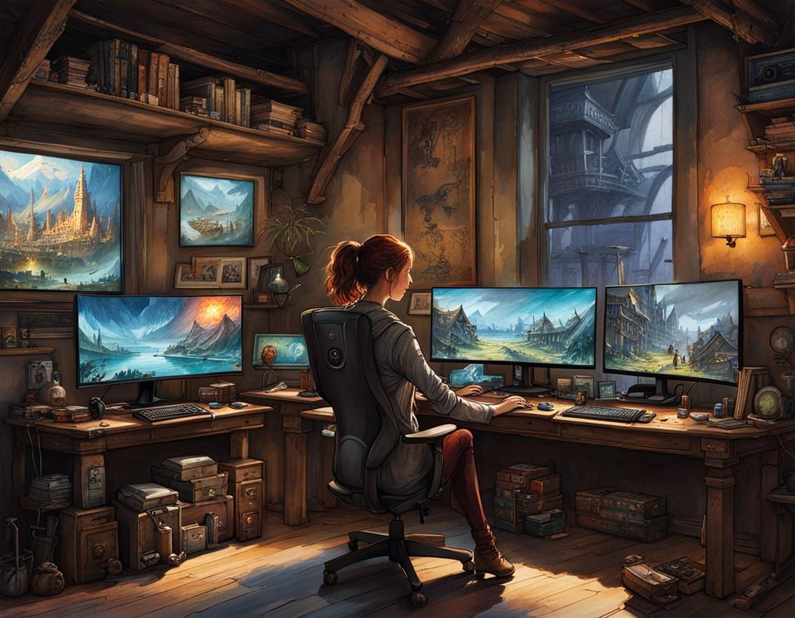 Immersive Gaming Setup as Detailed Digital Art
