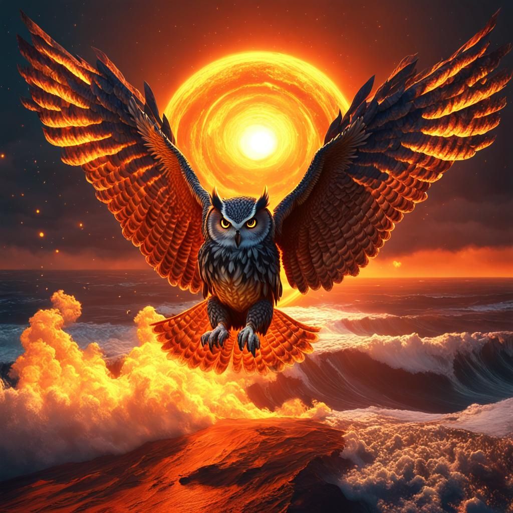Fiery Owl on Burning Planet: Dark Fantasy Art
