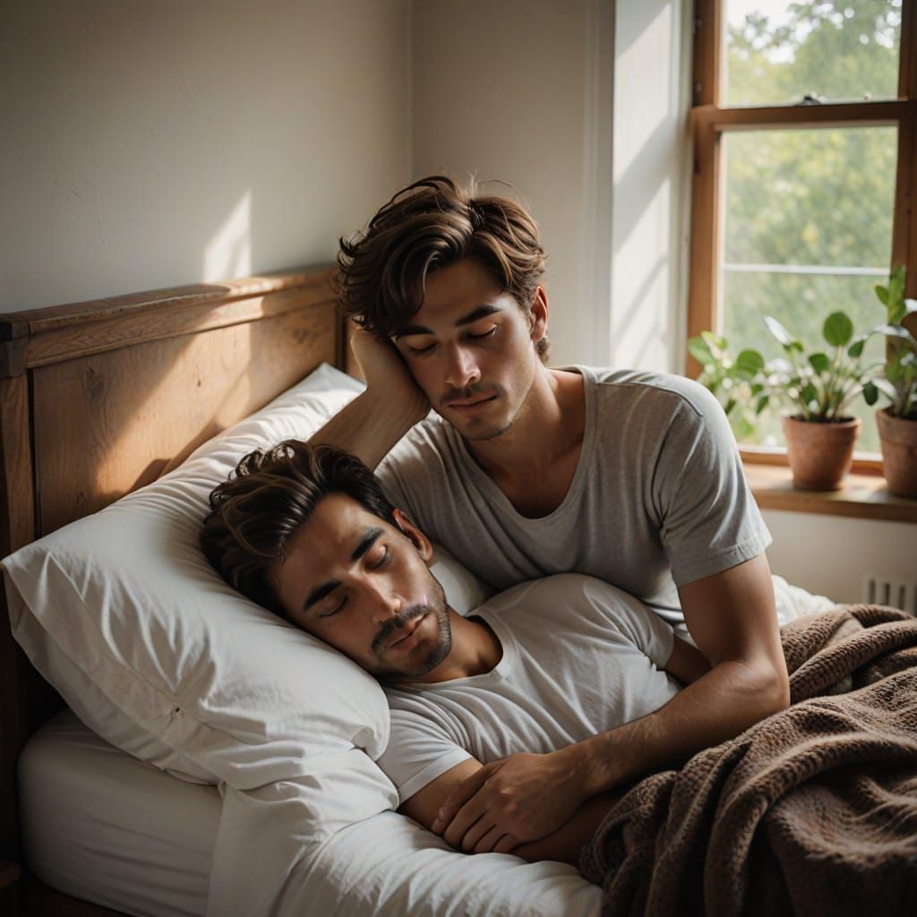 Tender Gay Couple in Cozy Bedroom