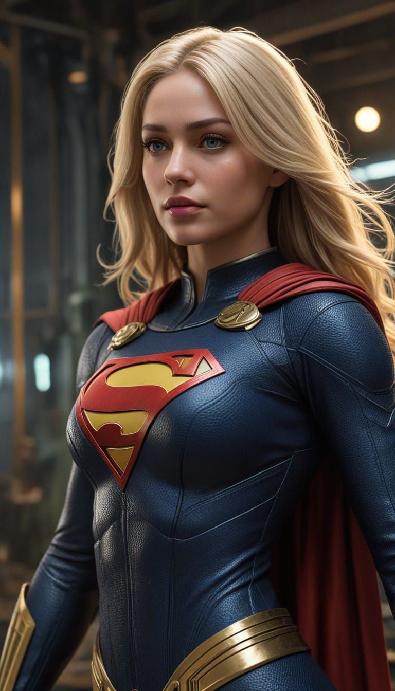 The image features a supergirl, wearing a latex form-fitting...