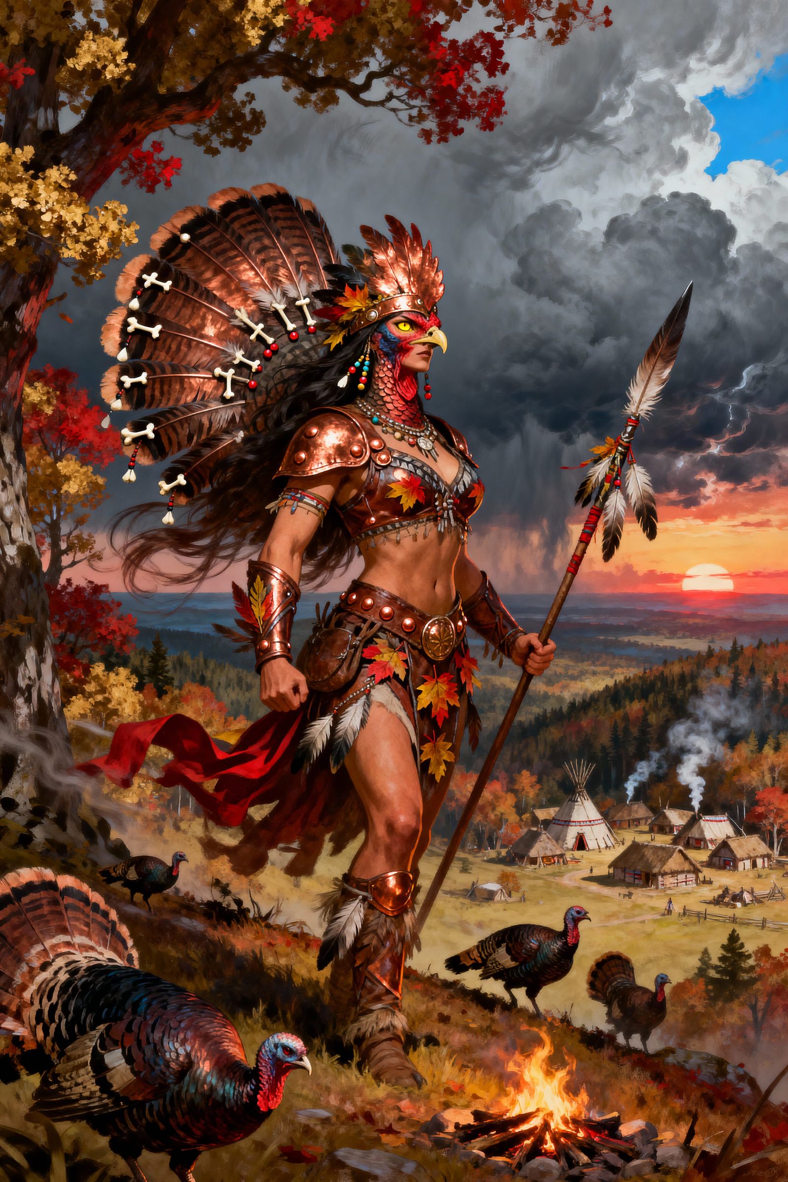 Anthropomorphic Turkey Warrior Queen in Autumn Sunset