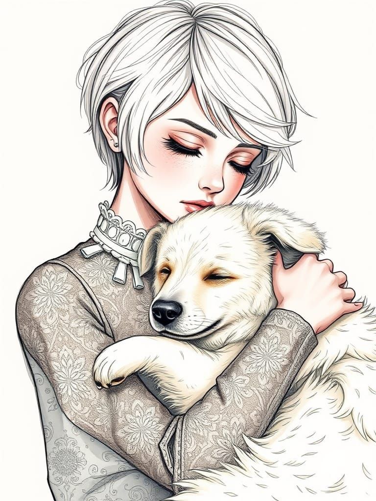 Girl and Dog: Expressive Pen Sketch in Comic Style