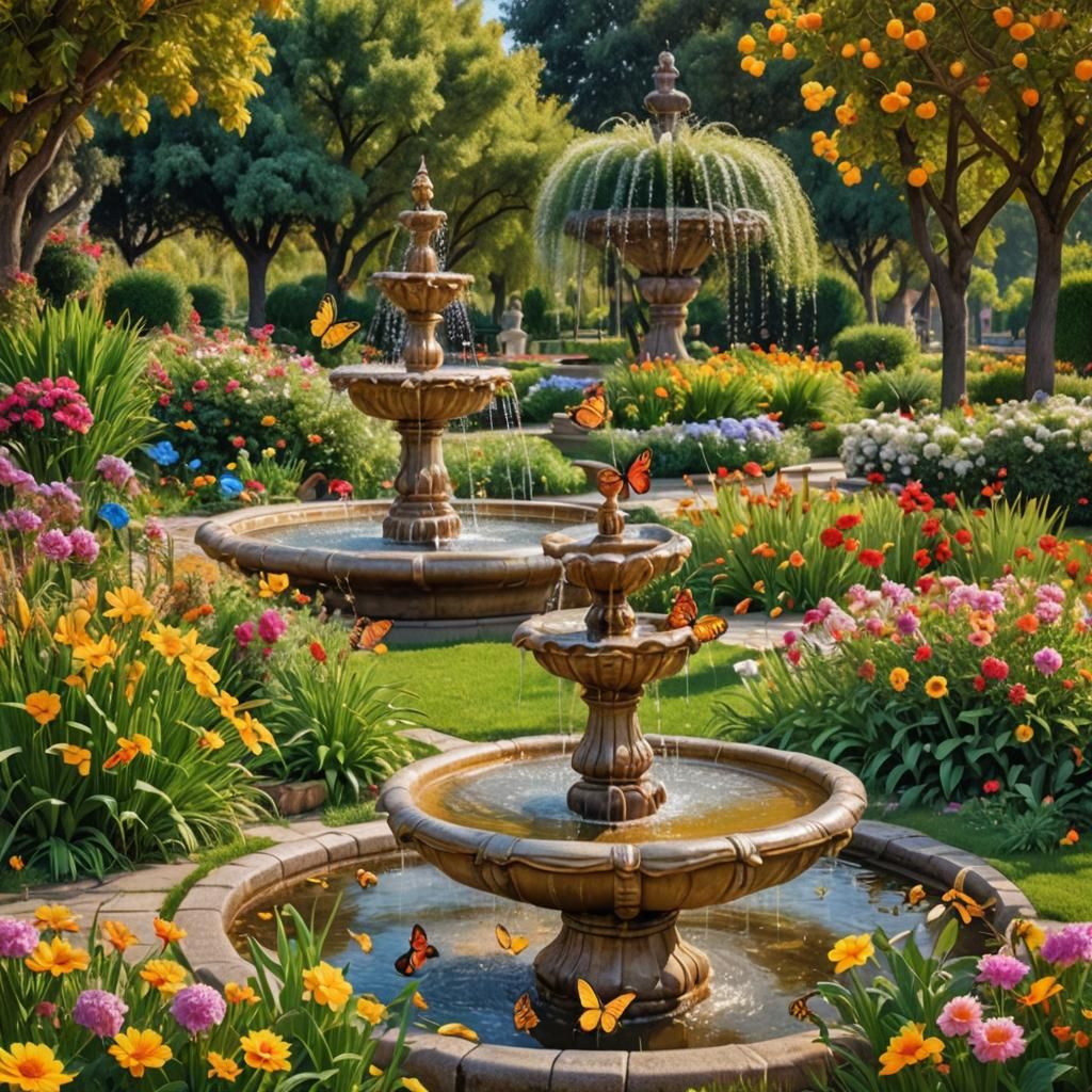 Golden Garden with Fountain in Hyperrealistic Style