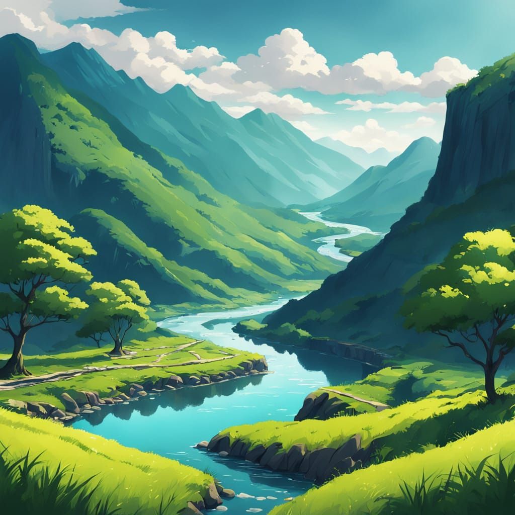 Surreal Anime Landscape with Rolling Hills and Majestic Moun...