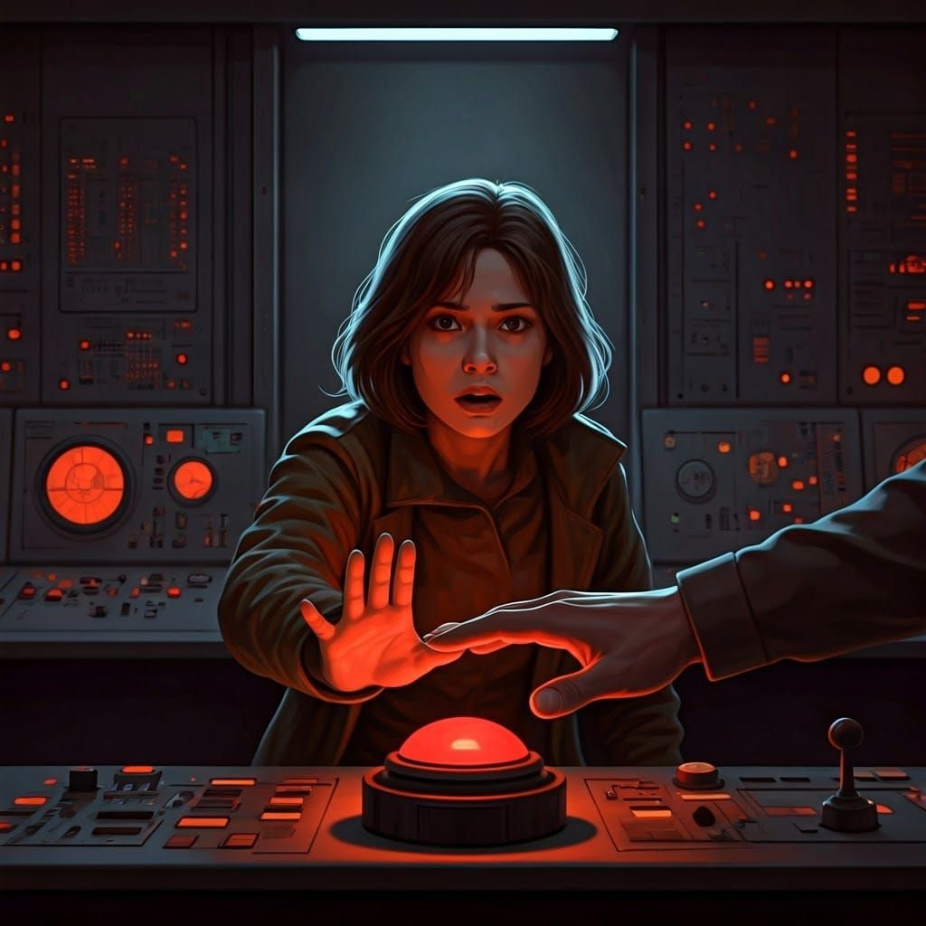 Futuristic Warning: Red Button in Control Room