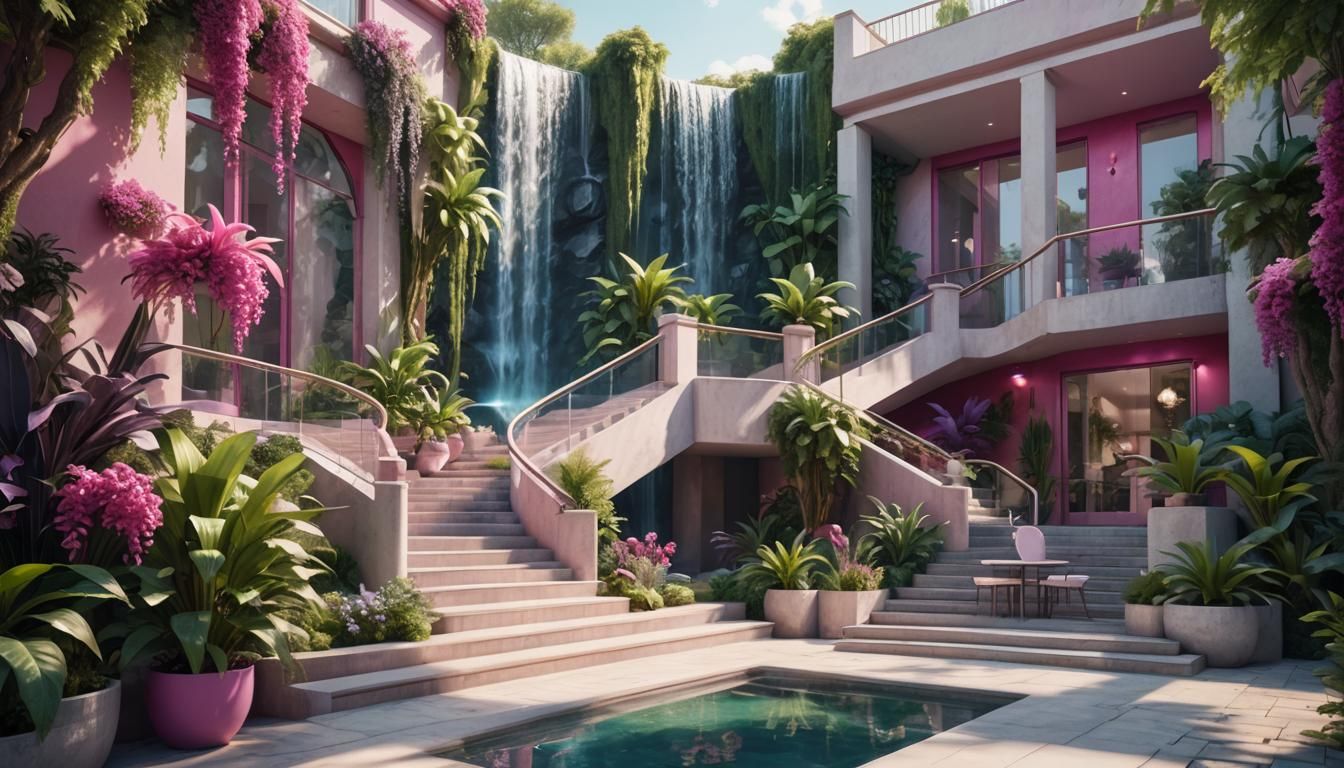 Modern Luxury Villa with Waterfalls in Futurism Style