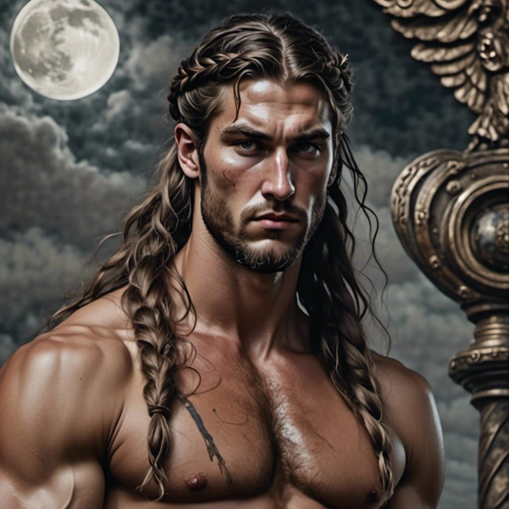 Handsome Greek God Under Full Moon in Steampunk Style