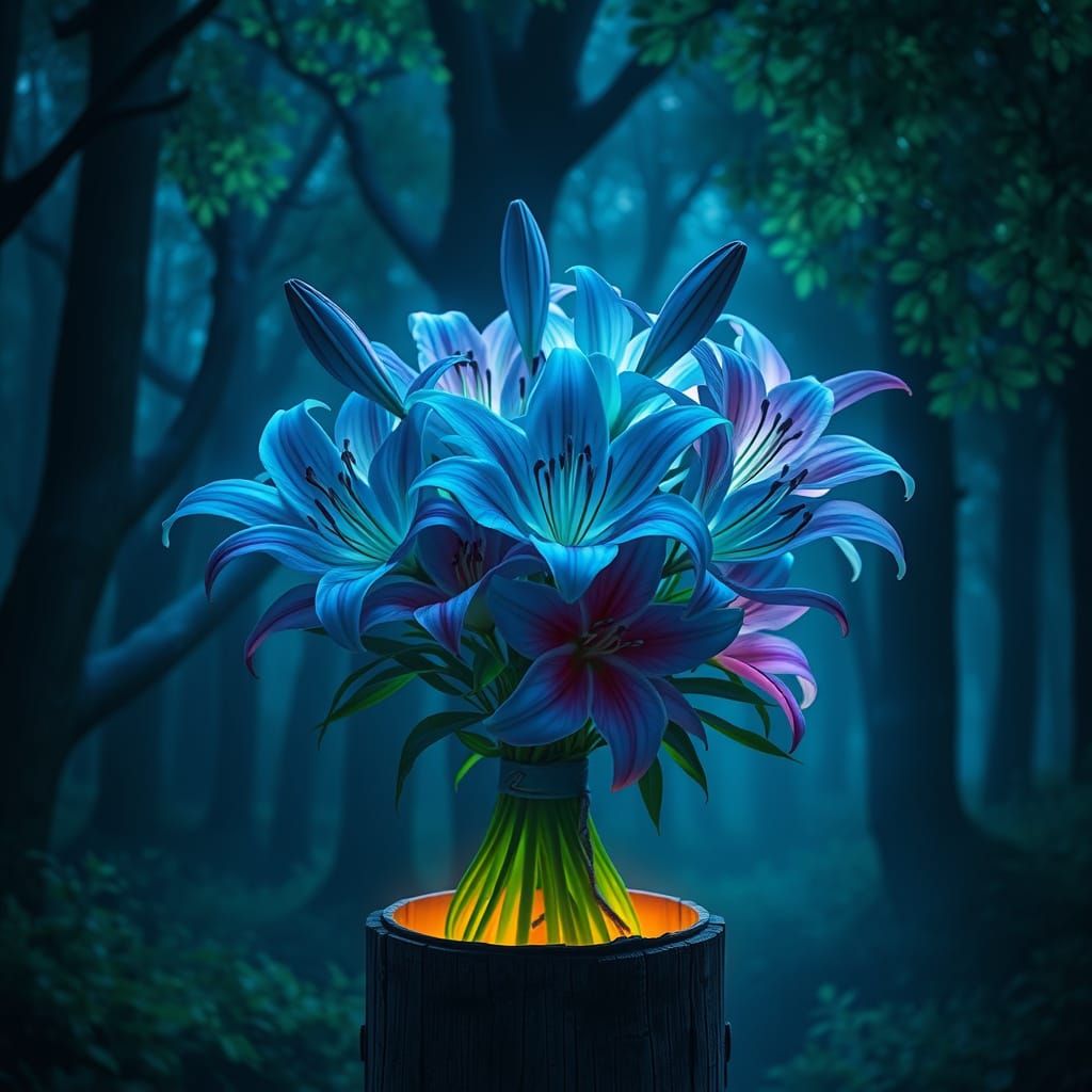 Ethereal Bioluminescent Bouquet in a Mystical Forest