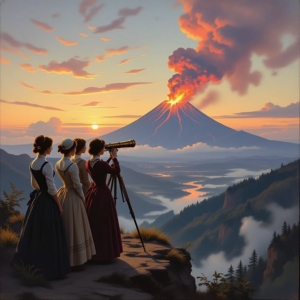 Victorian Women Observe Volcano Eruption from Cliff Edge