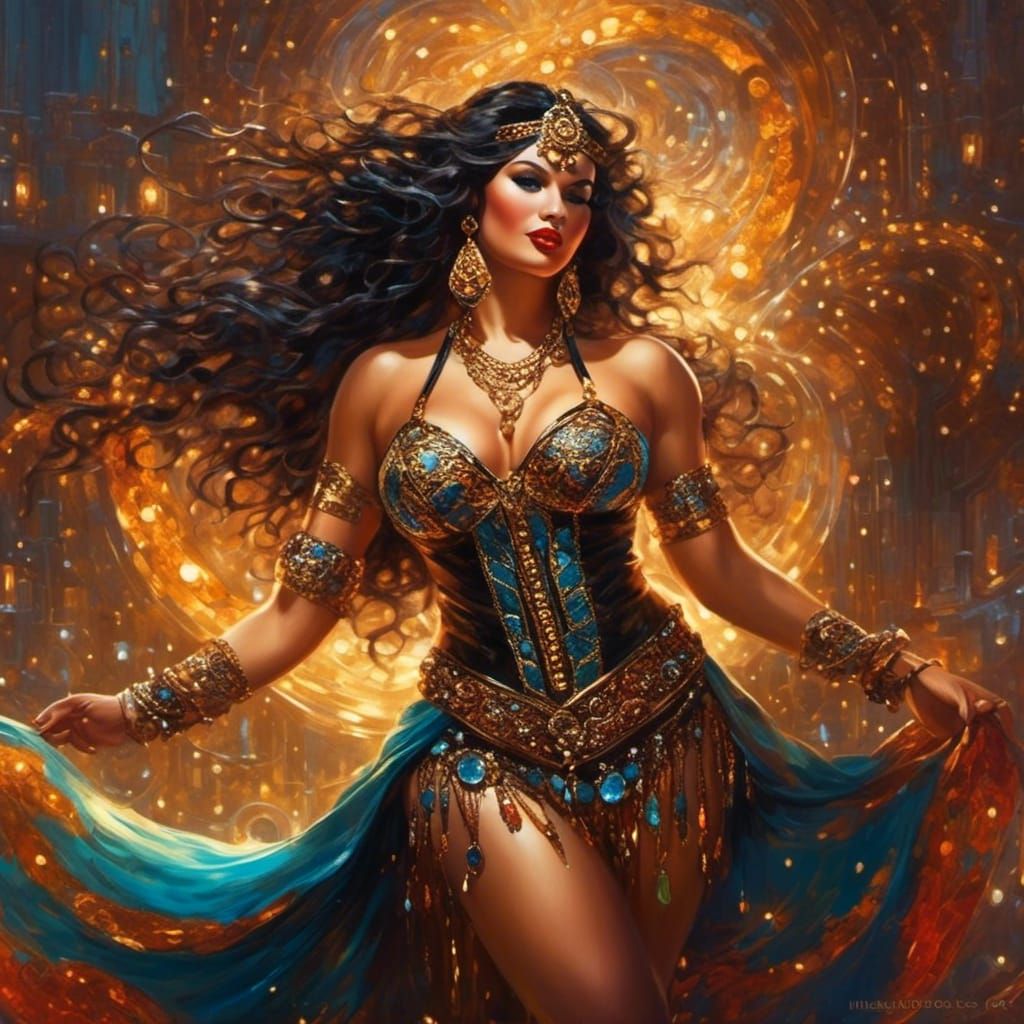 Voluptuous Belly Dancer in Hyperreal Pin-Up Style