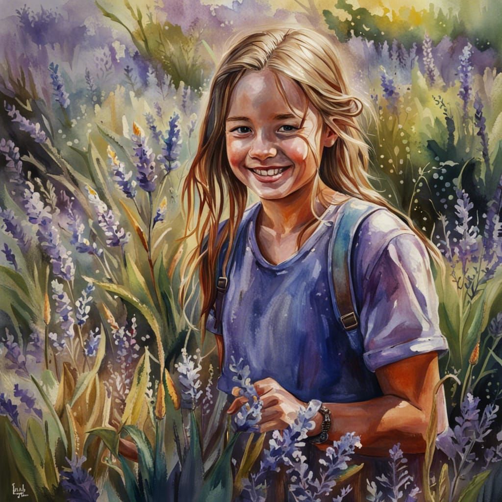 Watercolor Painting of a Smiling Girl in Lavender Field