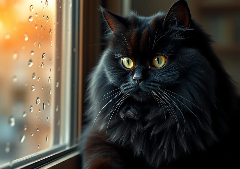 Hyperrealistic Black Persian Cat in Rainy Window