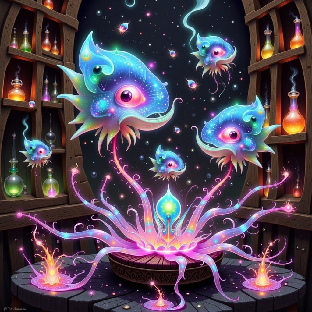 Whimsical Faerie Creatures in a Fantastical Laboratory